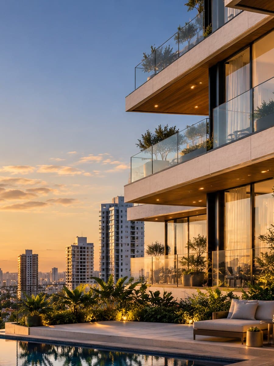Prédio residencial com varandas de vidro ao pôr do sol
